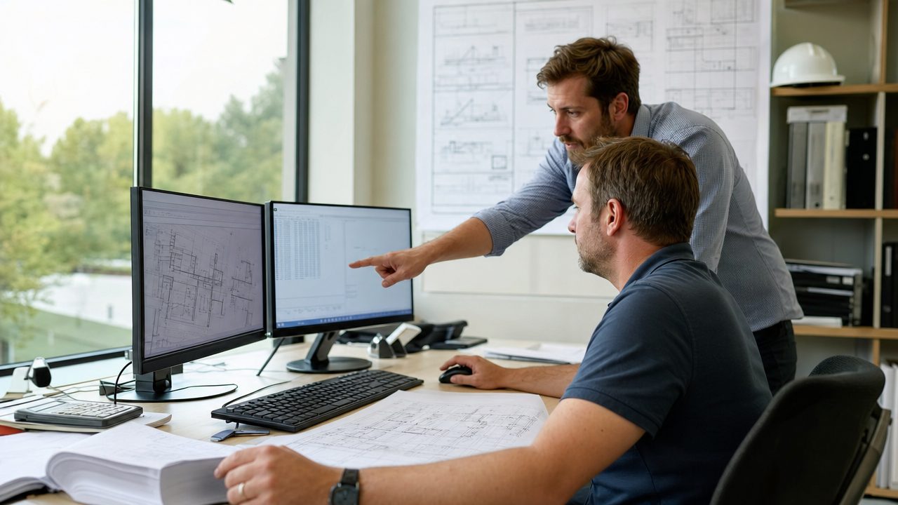 A precon estimator at a desk with plans on the wall, running a takeoff on screen beside a printed bid.