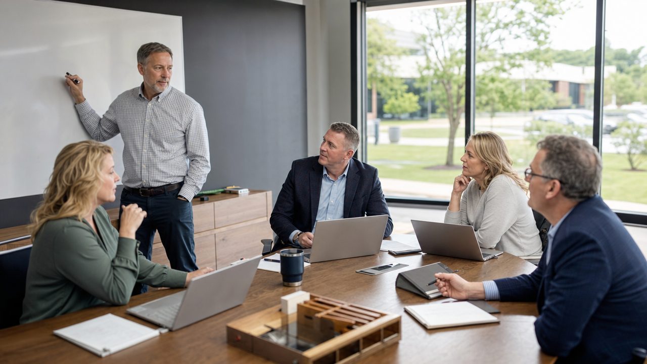 A leadership team at a conference table in a Cool Springs office park, laptops open, one person at the whiteboard.