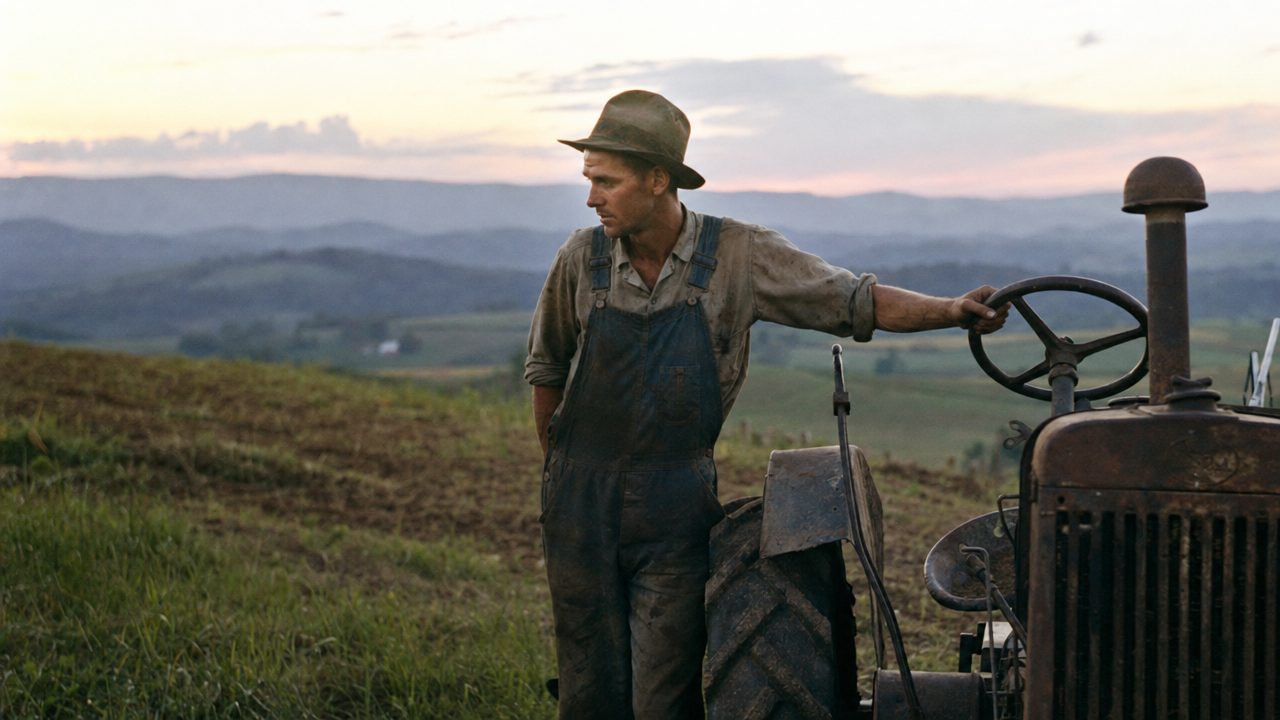 A Tennessee farmer beside an early tractor at dawn: the last time a new kind of tool changed how much one person could do.
