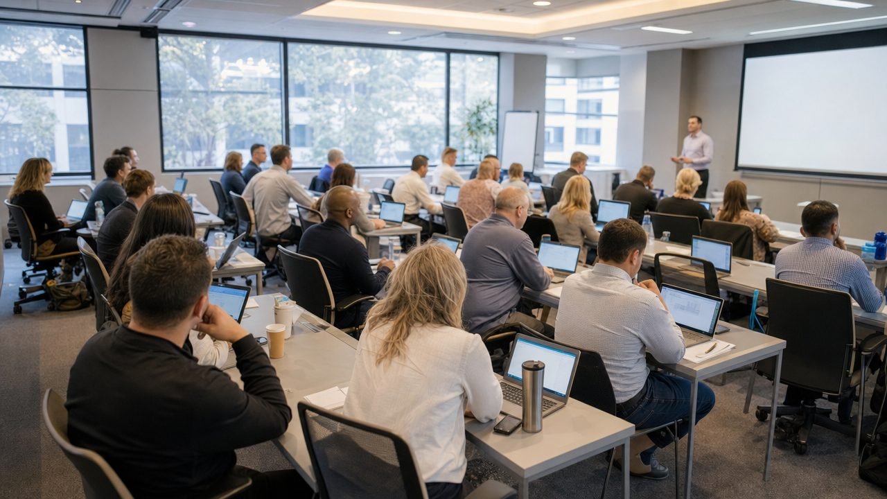 A training room with twenty people at tables, laptops open on their own documents, the instructor at the front.