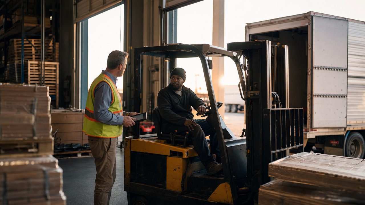 A warehouse dock in Wilson County at first light, a supervisor with a tablet, the day's loads on the screen.